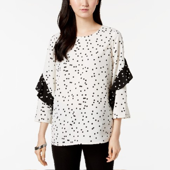 Alfani Tops - Alfani Polka Dot Ruffled-Sleeve Zip-Back Top
